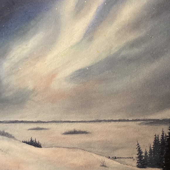 Unframed Original Art Watercolour Painting Aurora Borealis w Trees Ice & Snow - Picture 4 of 5
